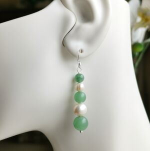 Green Aventurine White Freshwater Pearl Dangle  Earrings 🆕